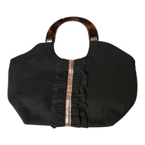 Mud Pie Bag Lady Large Black & Gold  Purse Ruffle Detail Tortoiseshell Handles